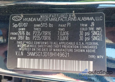 2008 Hyundai Santa Fe Gls z USA, uszkodzony, nr VIN 5NMSG13D18H149621